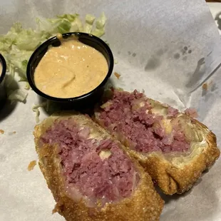 Irish Egg Roll with corned Beef,Sauerkraut and cheese was a perfect blend with a thick crispy shell.  Perfect