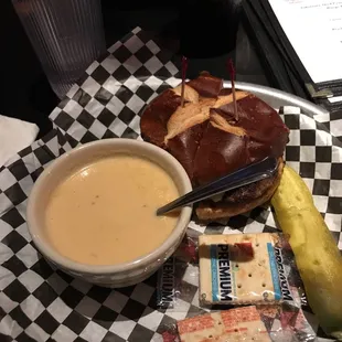 Beer cheese soup with pretzel burger