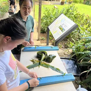 Making Ti leaf leis for Veterans Day