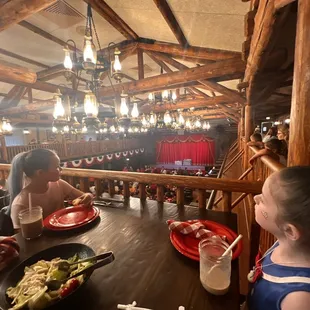 Our view of the stage and some salad and corn bread to start us off.