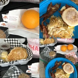 Breakfast sandwich with hash brown a side of bacon and pancakes.