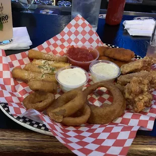 The Sampler! All your favorite bar foods for a shocking good price! You can swap out the onion rings for fries too if you want!