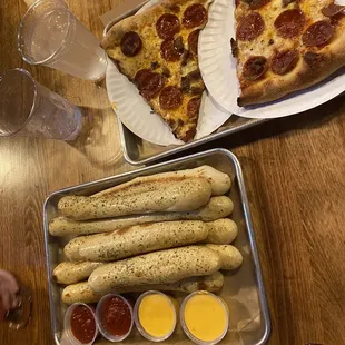 Pizza and breadsticks