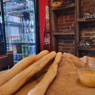 Breadsticks, that we might have already started to devour and the beer cooler.
