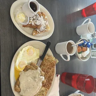 Two Eggs, 6oz Chicken Fried Steak Topped with Home-Made Sausage Gravy