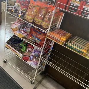 a shelf full of snacks