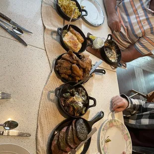 Mac &amp; cheese, scalloped potato's, fried chicken, Brussel sprouts, beef tenderloin