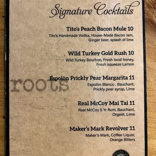 Drinks menu