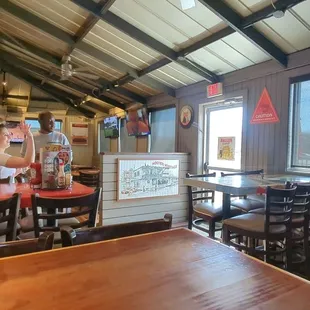 Waitress, games, seating.