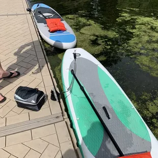 Paddled in and tied up on the dock.