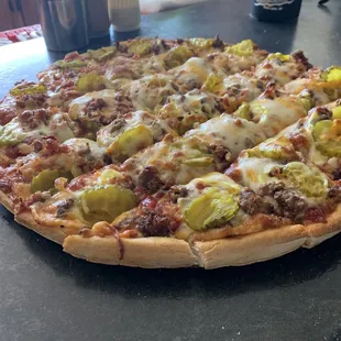 Cheeseburger pizza with extra pickles. Amazing!
