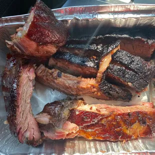 Ribs and brisket, tender ribs and fairly moist brisket