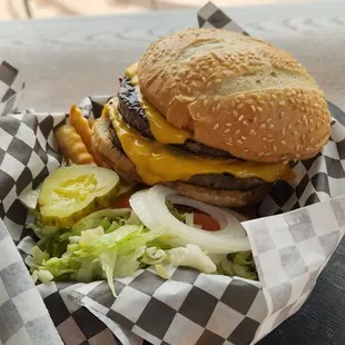 a cheeseburger and french fries