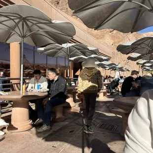 people sitting under umbrellas