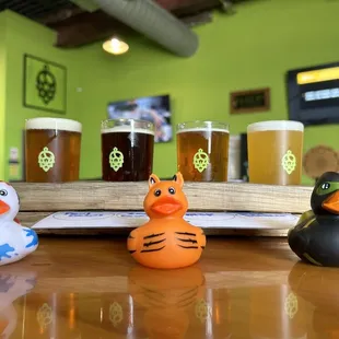a row of beer glasses and rubber ducks