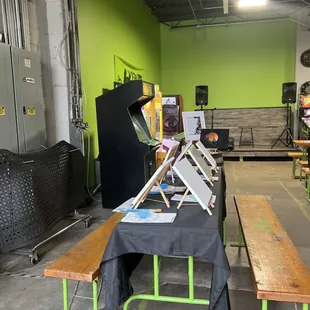 a table set up in a warehouse