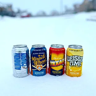 Hop &amp; Sting beer cans chilling in the snow