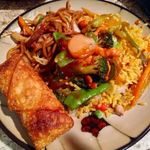 Egg roll, fried rice, pork lo mein, and chicken with garlic sauce