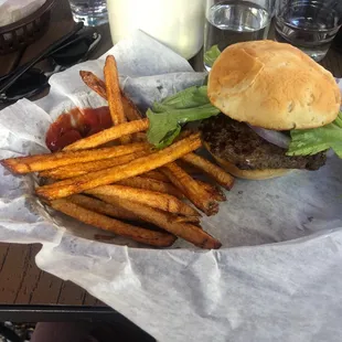 Grass fed burger with gf bun and hand cut fries