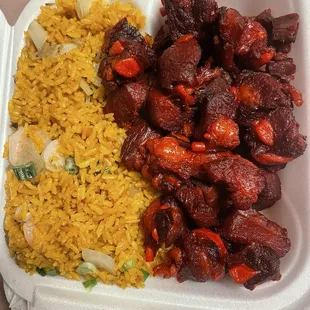 Bbq rib tips with shrimp fried rice