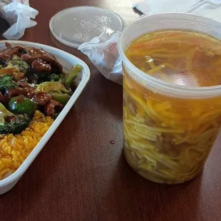 Hunan beef combo with beef yat gaw main soup.