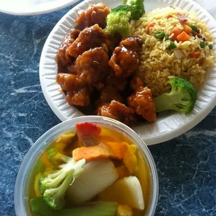 General tso&apos;s chicken and house soup.