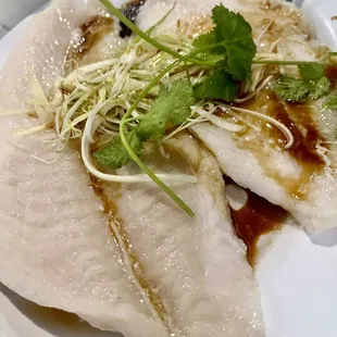 Steamed Fish Fillet with Shredded Ginger, Green Onion &amp; House Special Soy Sauce