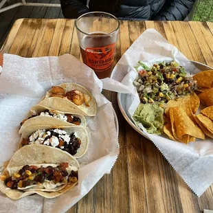 Tacos, beer, avocado &amp; corn greens salad