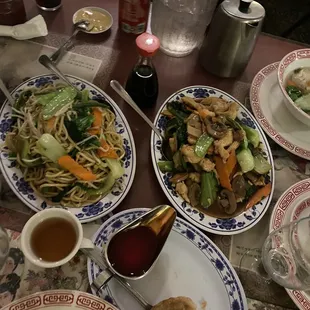 Veggie chow mein, mushroom chicken, potstickers