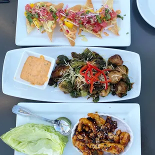 Kung Pao Lettuce Wraps -B Brussel Sprouts - C ( Mayo dip and greasy) Ahi Poke Nachos - D (tuna good but too much Mayo)