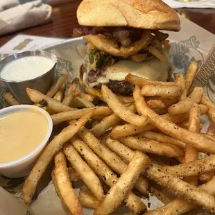 Cowboy burger, cosmik fries, ranch &amp; cheese sauce