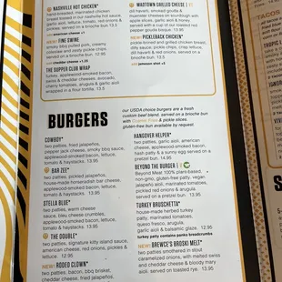 a menu for sandwiches and burgers
