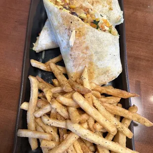 a burrito and french fries