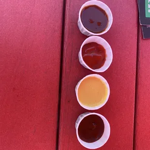 Sauce flight for my fries. Caffeinated BBQ, ketchup, horseradish mustard, and chipotle ketchup