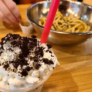 Small oreo shake, very good. Shareable truffle fries in the background
