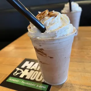 Nutella Chocolate Pretzel Shake (front) OREO Cookies N&apos; Cream Shake (back) $7.5 each
