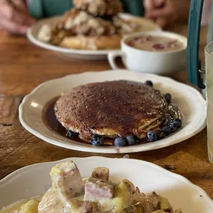 Wild Blueberry Pancakes, Pork Belly &amp; Biscuits