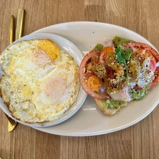 Avocado toast, with fresh avocado and fried avocado. Hands down, my wife&apos;s favorite.