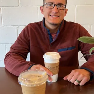 Iced caramel latte with oat milk &amp; white mocha with oat milk :)