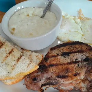 Pork chops, grits, and eggs