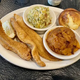 Fried catfish with broccoli &amp; rice casserole, carrot soufflé, and cornbread