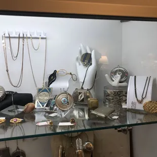 Silver belt buckles, silver compacts, antique folding glasses, Victorian pins, gold watch slider chains, pill boxes, silver cases