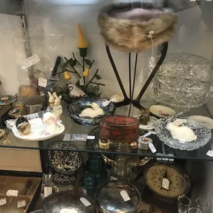 Vintage bunnies, vintage sewing, fur hat, silver items, compacts, antique silver ink pad, tiny ceramic plates, designer ceramic and crystal