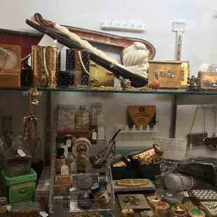 Vintage opium scale/jewelers scale, pipes, medical tins, medical glass items, compacts and purses