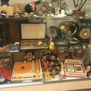 Vintage story doll, fisher price record player, Mickey talking phone, antique crochet, microscope, antique biologists slides, antique scale