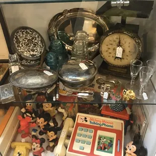 Antique Disney and Mickey Mouse, antique silver rings, silver plate ash catchers, silver euro snuff box, antique brass locks