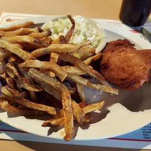 Chicken breast, fries, and coleslaw