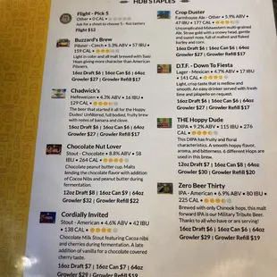 the menu for hoppy dude brews