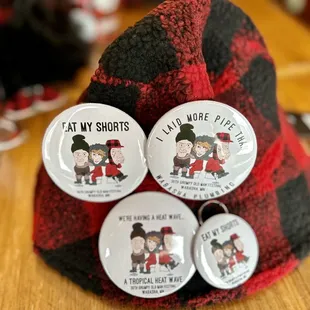 30th Annual Grumpy Old Men Festival commerative buttons on buffalo plain hat at  Turning Waters B&amp;B and Hoppy Girl Brewing in Wabasha, MN