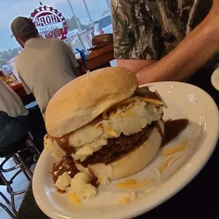 Yes. That is mashed potatoes and gravey on a deep fried cheese burger